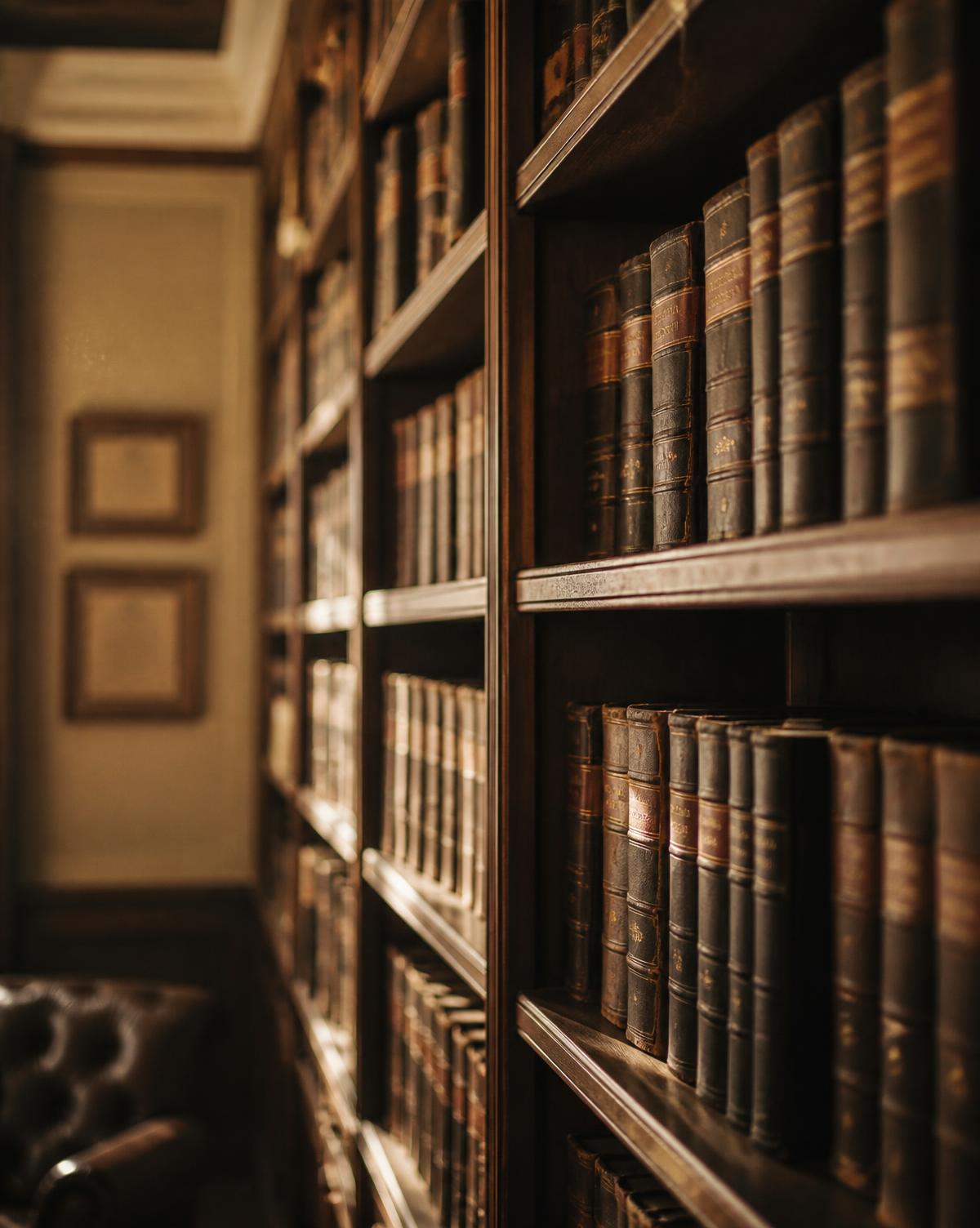 Leather-bound statute volumes in the firm's library