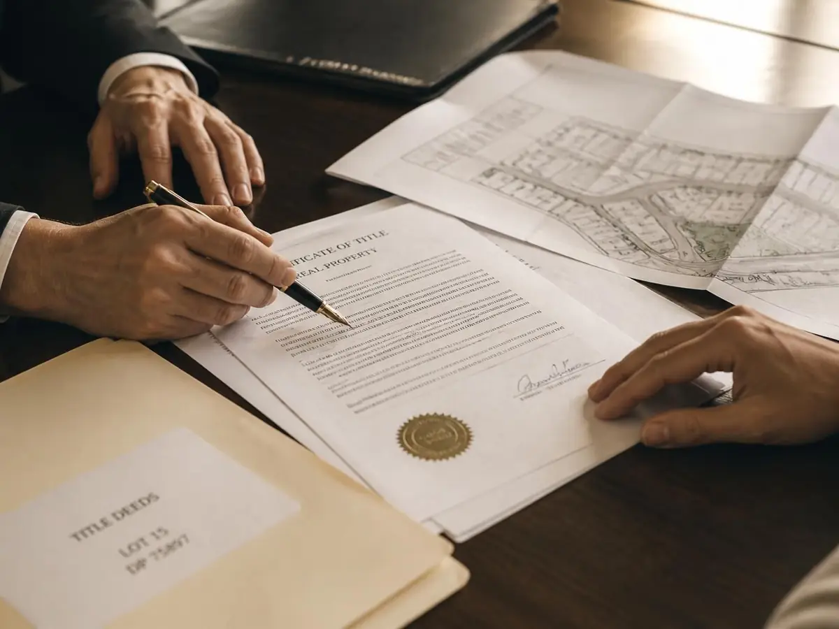 Advisors and a client reviewing property documents and a title deed