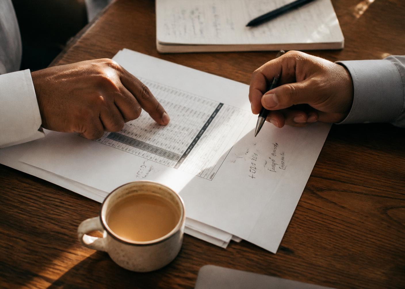 Advisor and client reviewing figures with handwritten notes over chai