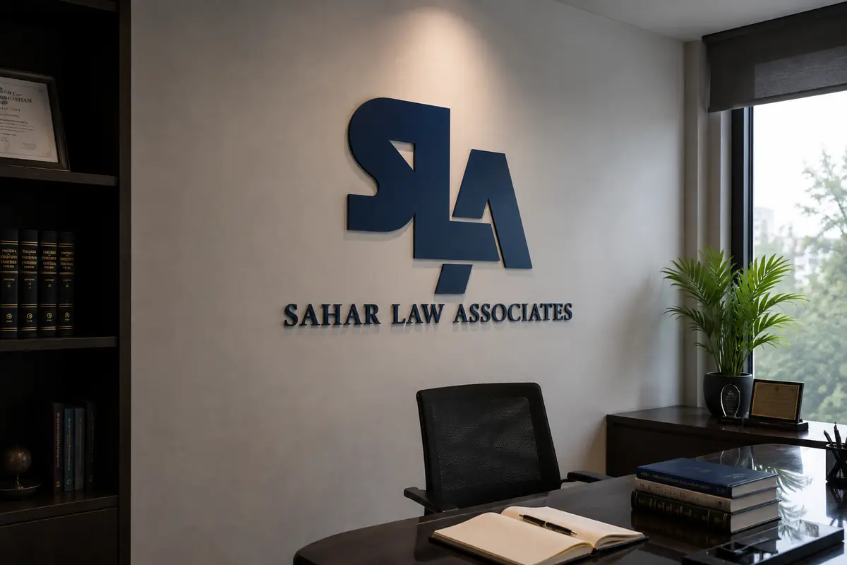 Sahar Law Associates signage on the wall of the firm's Karachi office