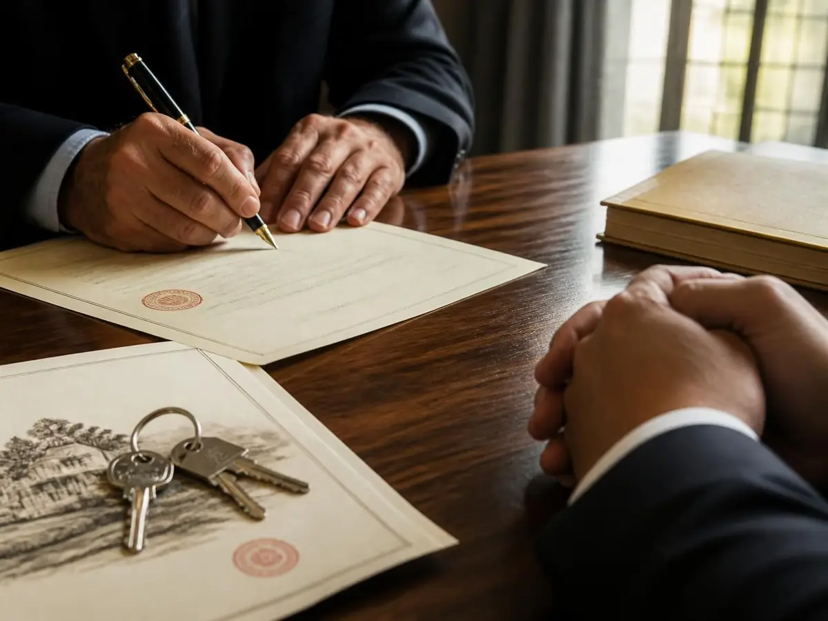 Hands signing a stamped property sale deed beside a set of keys